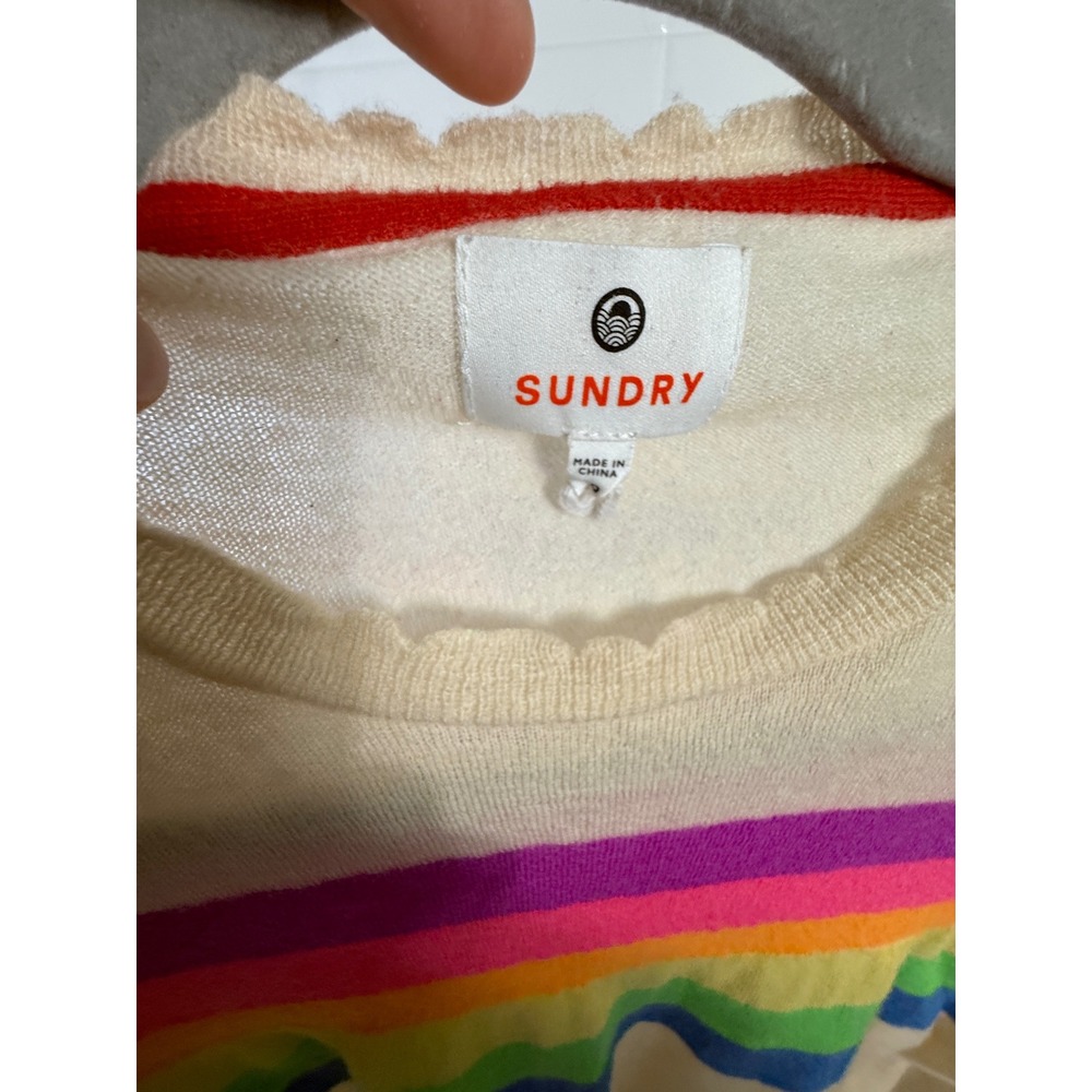Sundry Womens Wool Cashmere Rainbow Stripe Scallop Trim Sweater Cream Size 0 - Picture 3 of 7